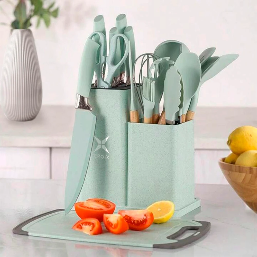 Set de Utensilios 19 Pcs Croix Silicona+Madera Verde CMU-022