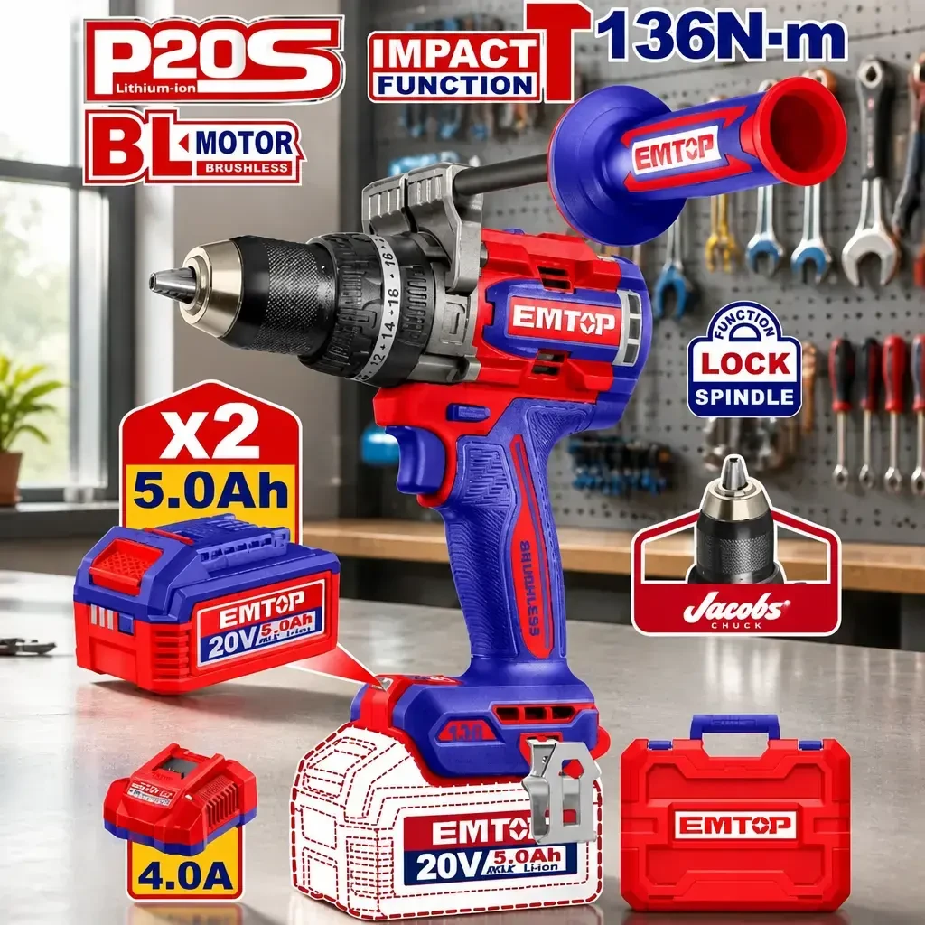 Taladro Percutor 13mm BL. 136Nm 20V 2x Bat. 20V 5Ah (c/ Manija) (M) Emtop