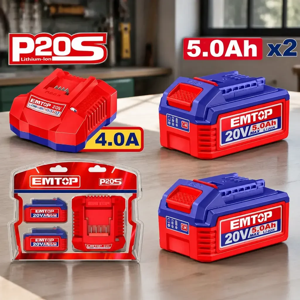 Kit cargador 20V 4Ah + 2x Bat. 20V 5.0Ah. Emtop
