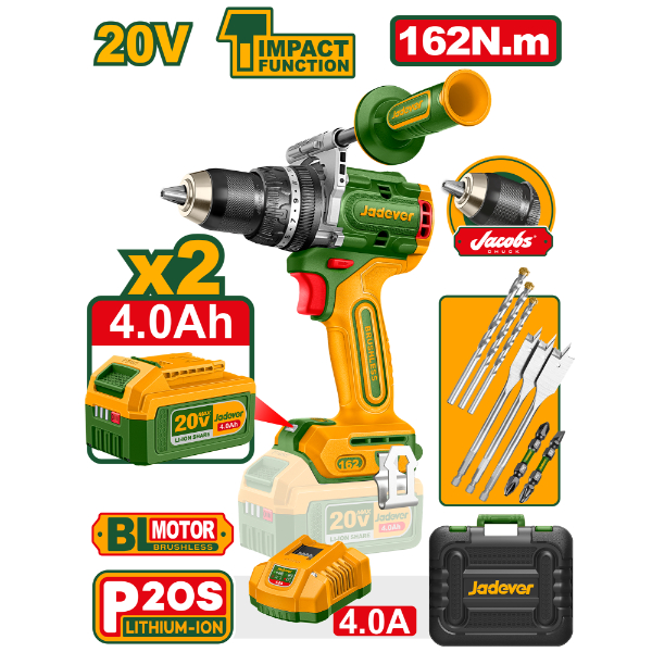 Taladro Percutor 13mm BL. 162Nm 2x Bat. 20V 4Ah (M) Jadever
