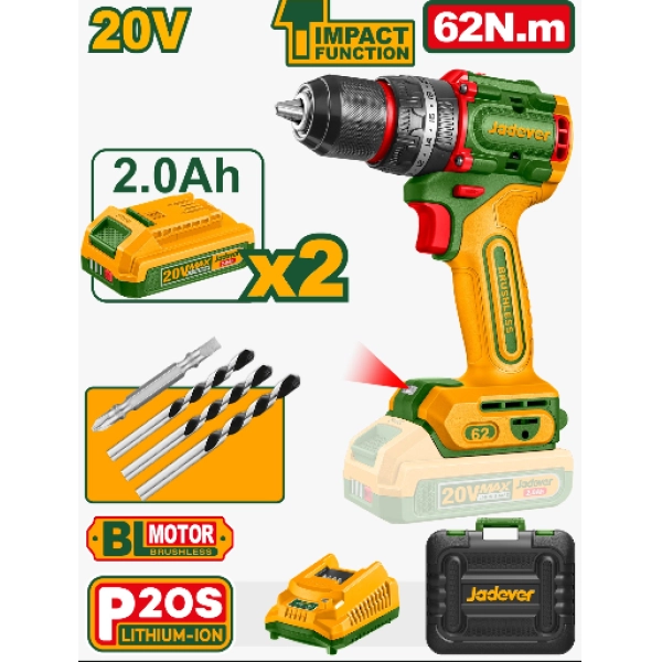 Taladro Percutor 13mm BL. 62Nm 2x Bat. 20V 2Ah (Compact) (M) Jadever