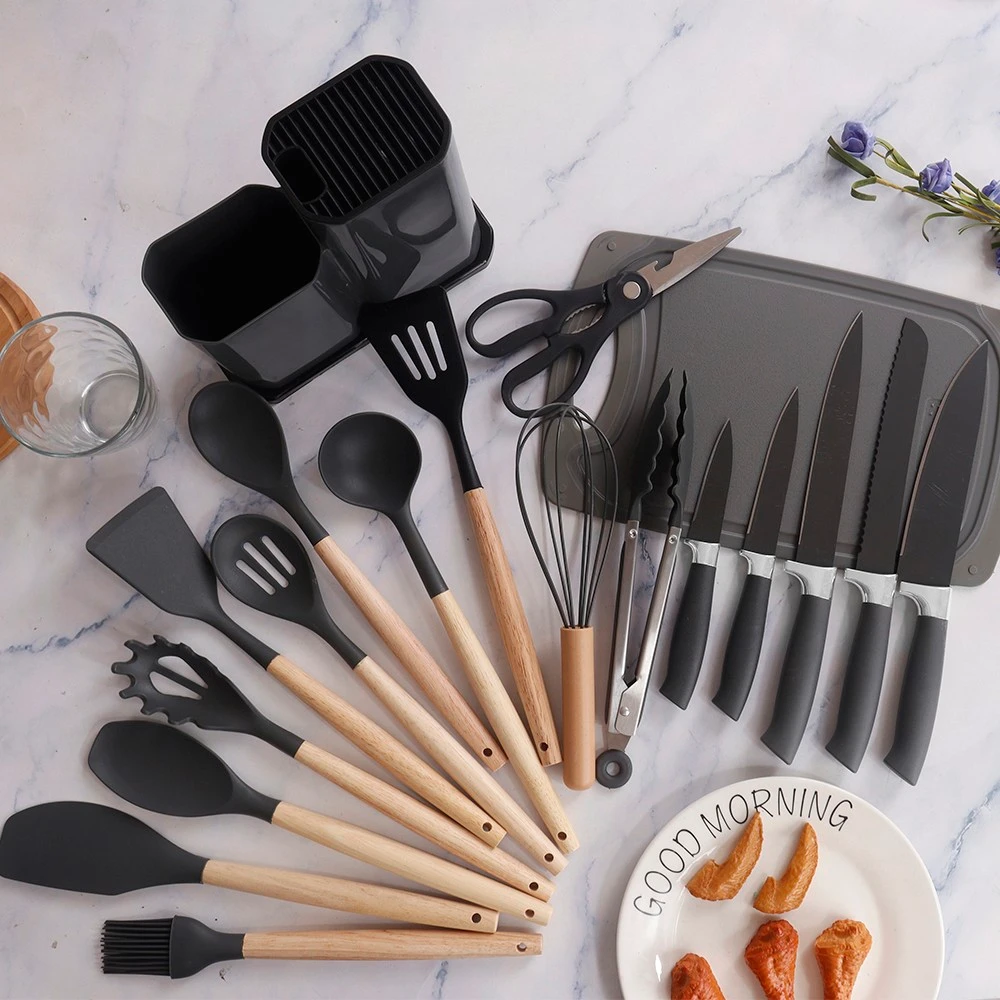 Set de Utensilios 19PCS Croix Silicona+Madera Gris CMU-022